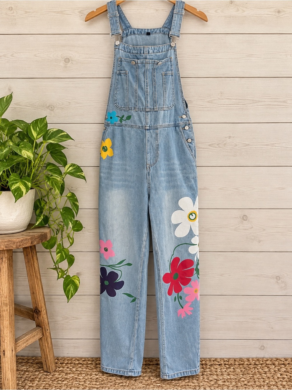 Vintage Floral Denim Overalls XL Light Wash Blue Carpenter Dunagarees